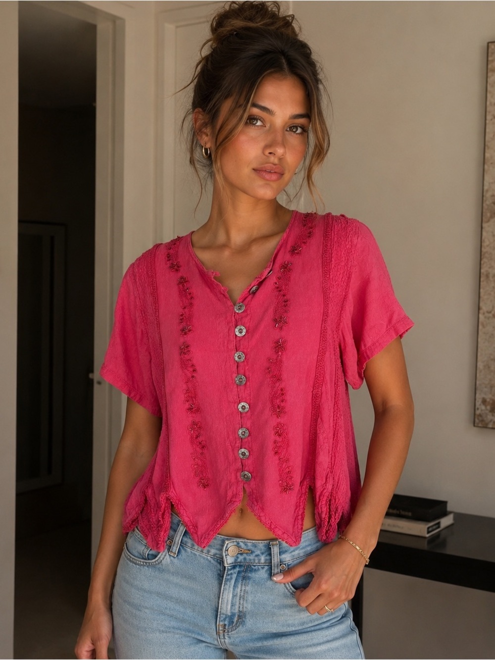 Papa Pink Beaded Rayon Button Front Top Size L